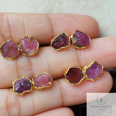 Raw Tourmaline Gemstone Earrings, Pink Tourmaline Jewelry, Tiny Gold Plated Studs, October Birthstone, Gift For Her, Rough Crystal Earrings